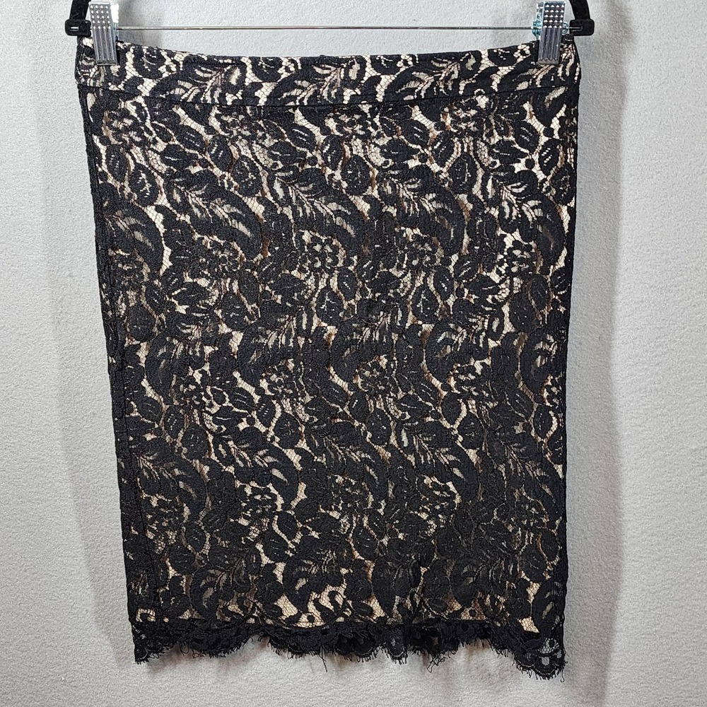 White House Black Market Skirt Womens 8 Black Lace Overlay Lined‎ Pencil Elegant